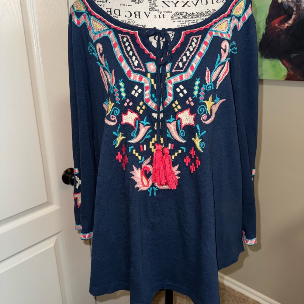Soft Surroundings Navy Embroidered Blouse